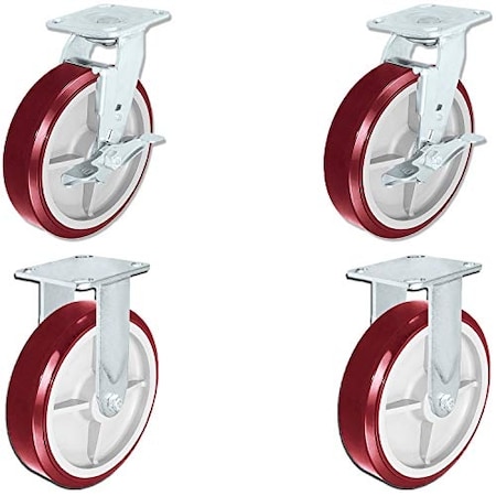 Casterhq Heavy Duty Polyurethane 2 Swivel Casters W/ Brake and 2 Rigid Fixed 8IMSCSO4-2SB-2R